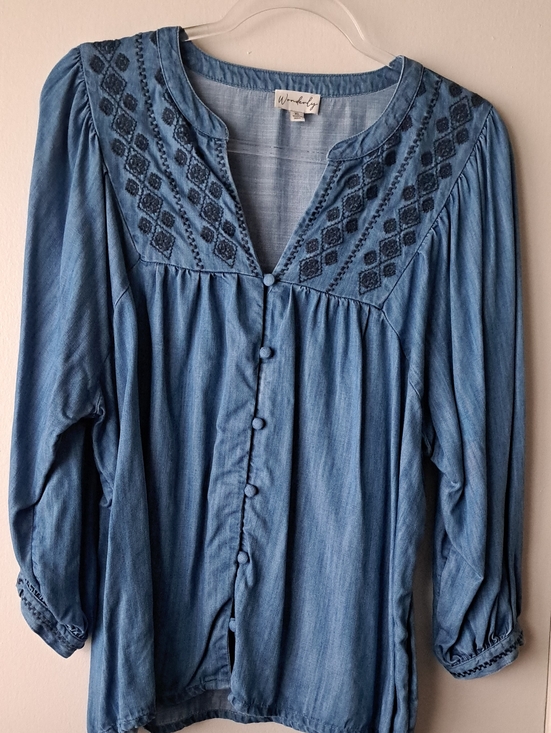 Wonderly Tops - Wonderly Blue Embroidered Button-Front Blouse XL NWOT
